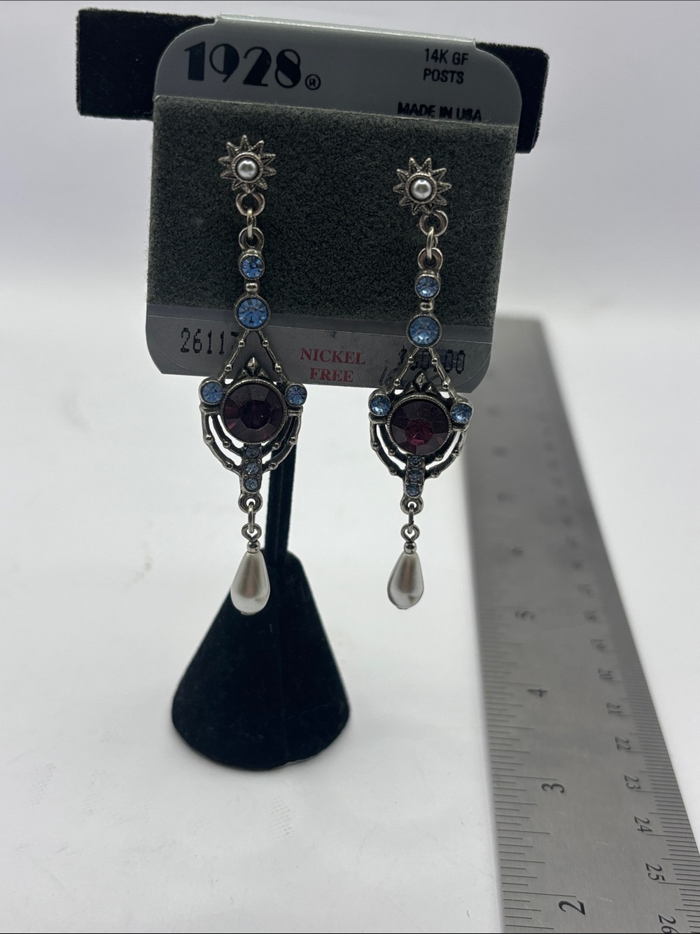1928 Silver-Tone Blue & Burgundy Drop Earrings with Pearl Teardrops